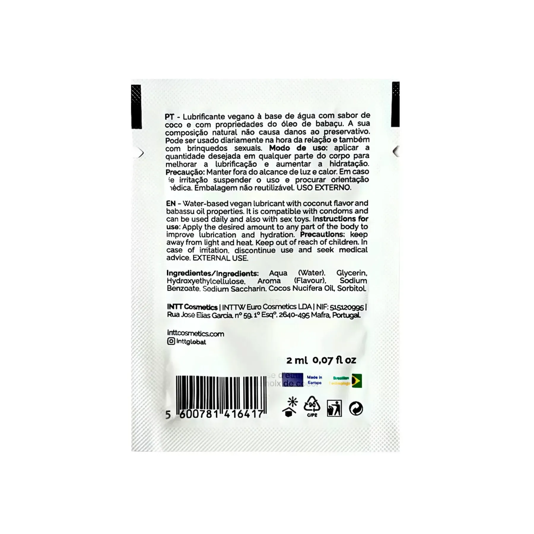  INTT Coconut ,Интимный гель на водной основе, 2мл